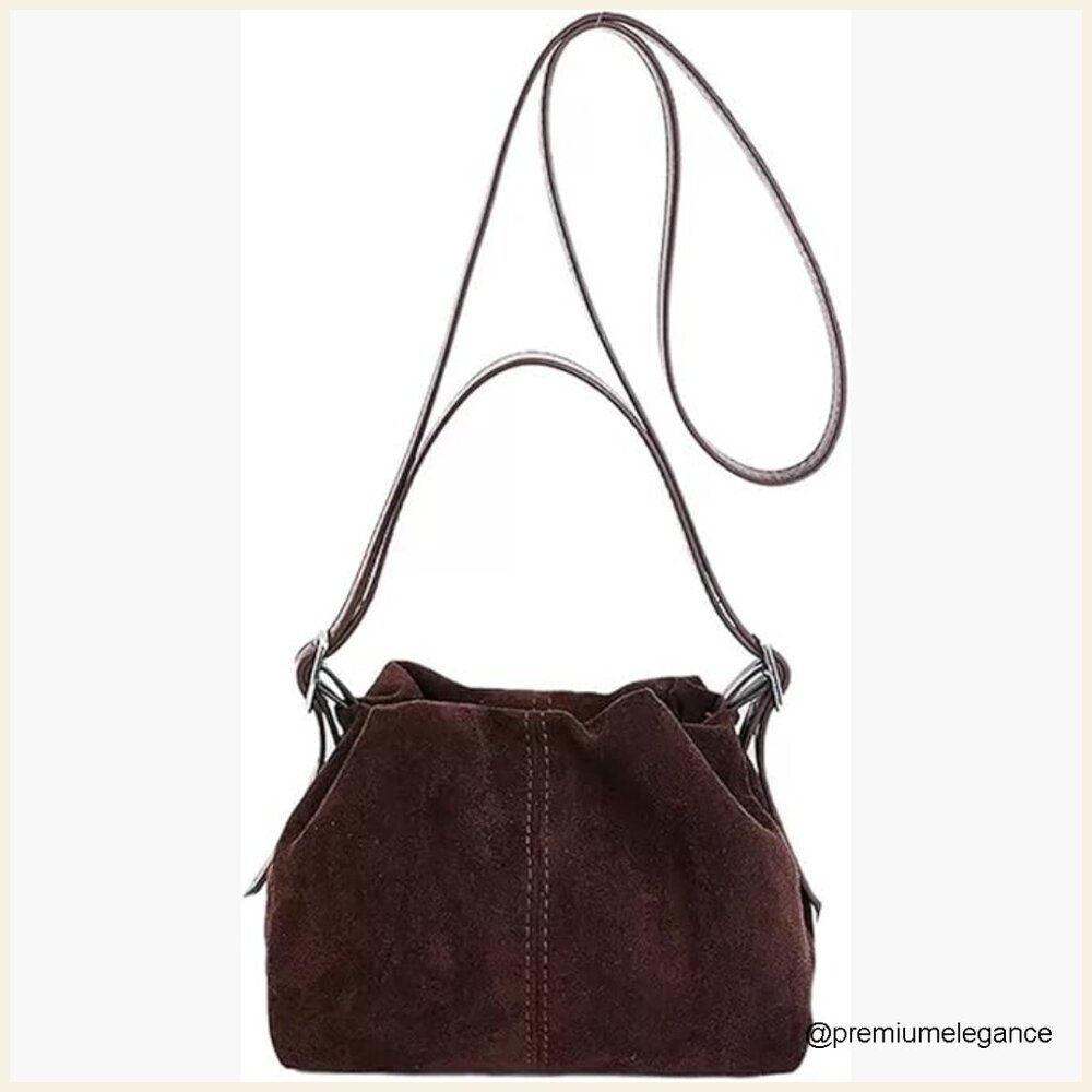 Vintage Faux Suede Drawstring Bucket Bag with 3 Interchangeable Straps - Picture 1 of 7